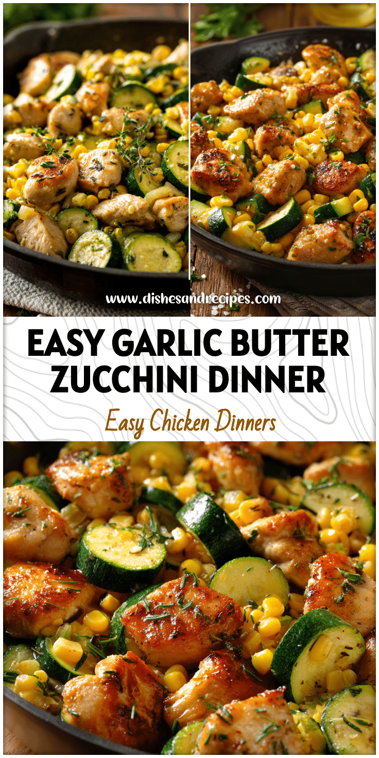 Garlic Butter Chicken With Zucchini and corn served hot in a skillet for easy Dinner Recipes Zucchini lovers.